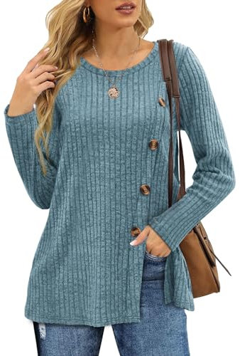 Aokosor Womens Long Sleeve Tops Ladies Lightweight Jumpers Button Front Slit Tunic Blue Size 14-16