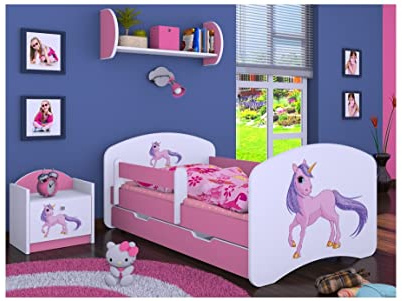 BDW Kinderbett mit Matratze und Bettkasten - NEU, 140/160/180/190 Verschiedene Motive Für Junge Einhorn (Rosa, 190x90)