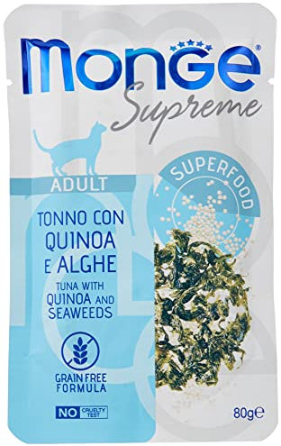 Monge Supreme Adult Tuna with Quinoa and Seaweeds, Nassfutter für Katzen (Katzenfutter aus Thunfisch mit Quinoa und Meeresalgen, sehr Ballaststoff- & Vitaminreich, 80 g)