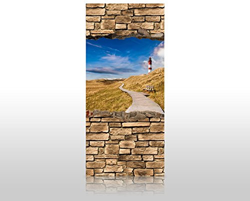 wandmotiv24 Duschrückwand 3D Leuchtturm mit Holzweg - Steinmauer 90 x 200cm (B x H) - Acrylglas 4mm M0657