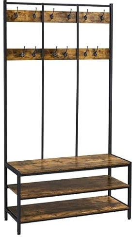 Abician Porte-manteau sur Pied en Bois et Métal Porte-manteau d'entrée Vintage Étagère à Chaussures à 3 Niveaux Crochets Vestiaire Vestibule Salon 100×40×185cm Brun rustique