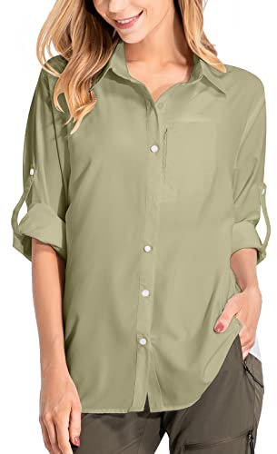 yeyity Damen Hemdbluse UV Schutz Langarmshirt Damen Schnell Trocknende Sport Shirts Wandershirt Safari Casual Button Up Tops Strandurlaub Elegant Bluse(5019,Khaki,M