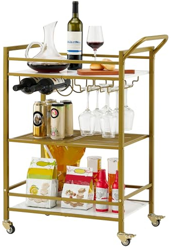 Tajsoon 3-stöckiger Barwagen, Mobiler Bar-Servierwagen, Industriestil Weinwagen für Küche, Getränkewagen mit Weinregal und Glashalter, Rollender Getränkewagen für Wohnzimmer, Gold & Weiß
