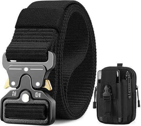BESTKEE Taktischer Gürtel, 3,8 cm Militär Arbeitsgürtel, Schwerlast Nylon Schwarz Gürtel mit Schnellverschluss-Metallschnalle, Geschenk mit Taktischem Molle-Beutel für Outdoor Jagen