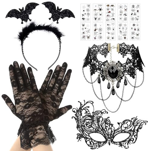 Zkaoai Halloween Fledermaus Spinne Haarreif Damen, 5 Stück Fledermaus Haarreif Maske Haarband Spinne Haarreifen, Halloween, Gothic Schwarze Spitze Handschuhe Halloween Kostüm Accessoire Karneval