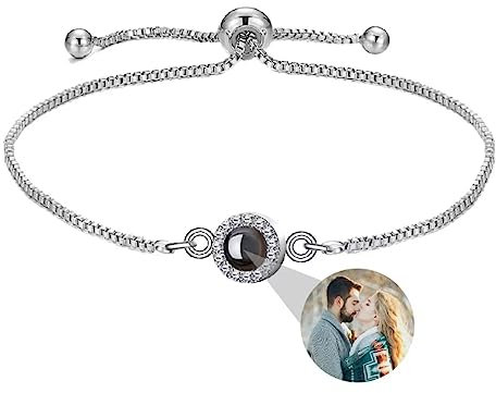 Personalisierte Foto Armband Rund Projektion Armband mit Erinnerung Bild im Stein Ich Liebe Dich Armband 100 Sprachen für Damen Freunde Mutter Weihnachten Denkmal Geschenk Silber Rose Gold Schwarz