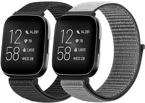 BTTNG Armband Kompatibel für Fitbit Versa 2/Fitbit Versa/Fitbit Versa Lite Armband für Herren Damen, Einstellbare Atmungsaktive Nylon Armbänder Sport Solo Loop Ersatzarmband (2 Stück)