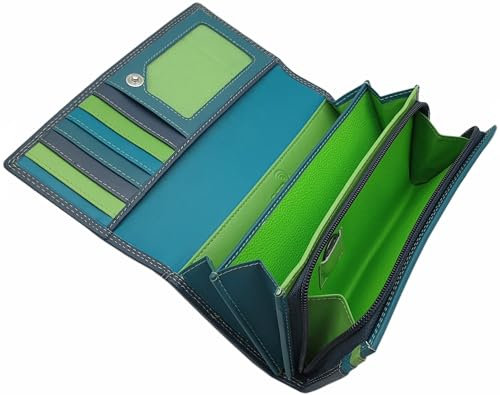 myledershop Große Rind-Nappa Leder Damen Geldbörse/Geldbeutel/Portemonnaie/Geldtasche mit RFID & NFC Schutz Mehrfarbig (Dunkelblau)