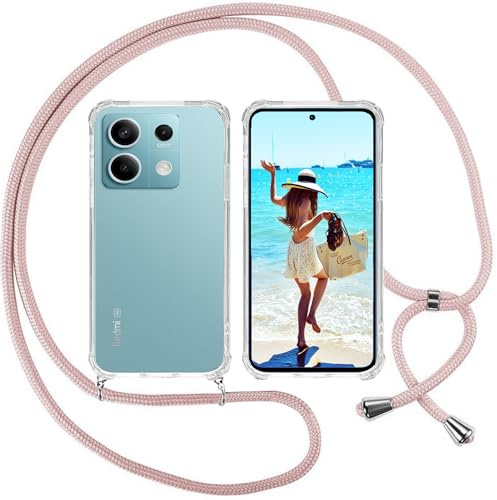 ISOI Coque transparente en silicone TPU souple avec cordon réglable pour Xiaomi Redmi Note 13 Pro 5G Rose