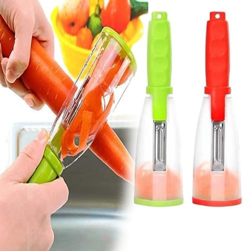 CHEFFS Pack of 2 Multifunctional Peelers with Storage Box, Universal Fruit & Vegetable Peeler, Potato Peeler, Non-Slip Grip, Portable, Red or Green
