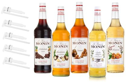 Monin Cafe Probierpaket 5 x 1 L - inkl. 5 Pumpen für Kaffeespezialitäten, Desserts und Cocktails mit Vanille - Karamell - Schokolade - Macadamia - Amaretto - Sirup