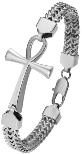 Flongo Armband Herren Ankh Kreuz: bracelet men silber Franco Armkette Edelstahl königskette Double Row Woven Chain mit Egyptian Cross Amulett mens jewellery Armbänder für Damen Männer Jungen