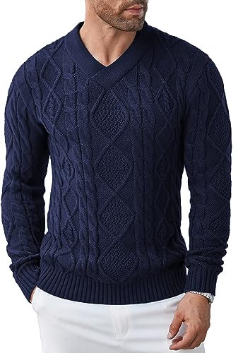 COOFANDY Men's Knitted Jumpers Winter Warm Slim Fit Sweater Classic Designed V-Neck Jumpers for Men UK Navy Blue XXL