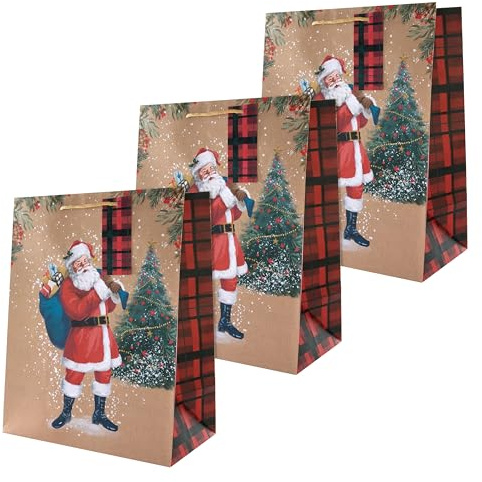 Hallmark Große Geschenktüten, 3 Stück, Weihnachten, traditionelles Weihnachtsmann-Design, Vintage, rotes Schottenkaro, braunes Kraftpapier
