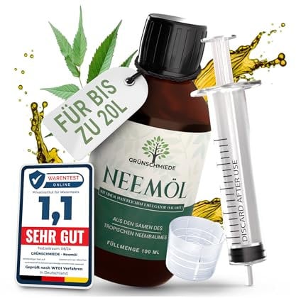 GRÜNSCHMIEDE - Premium Neemöl mit Emulgator [100 ml], natürliches Niemöl zur Planzenpflege inkl. Dosierspritze und Dosierkappe