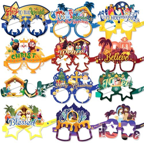 HOWAF 24 Pack Nativity Religious Christmas Glasses Novelty Paper Xmas Glasses Photo Props Christmas Decoration Costume Accessories Party Glasses Frame for Kids Adults Christmas Party Favors Gift