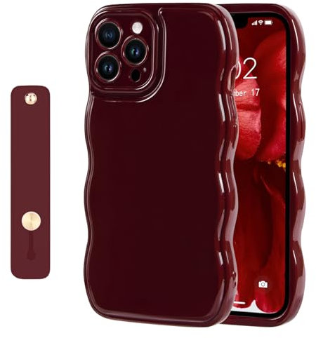 NITITOP Compatible with iPhone 14 Pro Case Cute Burgundy Simple Wave Design Stylish Wavy Curly Frame with Wrist Adjustable Hand Strap Kickstand Grip Holder Protective Cover-Wine Red