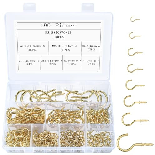 JinZeYou 190 Pcs Screw in Hooks for Wood Outdoor, Gold Metal Cup Ceiling Hooks for Hanging Outdoor Lights Mug Plants Hanging Heavy Duty for Kitchen Garden