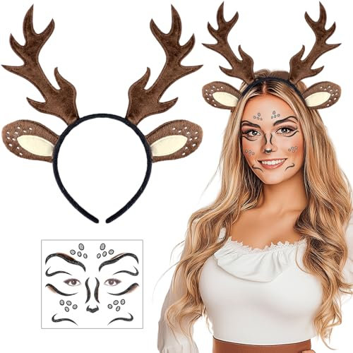 iZoeL Karneval Kostüm Damen Mädchen, Haarreif Reh Geweih Hörner Rehohren + Reh Gesichtstattoo, Damen Kinder Reh kostüm Kopfschmuck Haarreifen Fasching Mottoparty Halloween Kostüm
