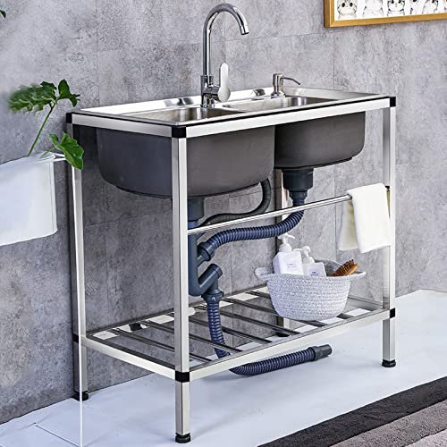 Edelstahl-Küchenspüle, 1 Schüssel, Werkbank, Gastro-Spüle, Mischbatterie, warm/kalt, Doppelstent, Werkstatt, Restaurant, Outdoor, Garten, 75 x 40 x 21 cm