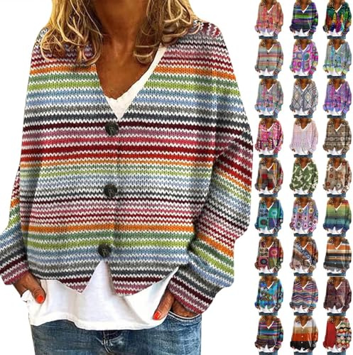 Nidddiv Cardigan da donna colorato a fantasia maglione elegante scollo a V a maniche lunghe cappotto con bottoni giacca invernale stampa floreale giacca invernale maglione casual