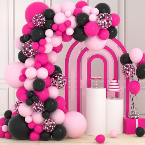 Kit d'arche de guirlande de ballons rose et noir – Rose vif lumière rose noir et ballons en latex pour filles femmes anniversaire fête prénatale mariage princesse souris thème fête décorations