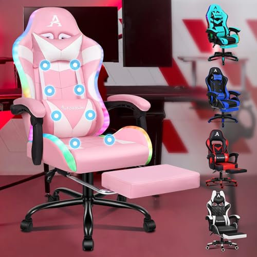 ALFORDSON Silla de Masaje para Videojuegos, Silla de Carreras con LED, Silla de Escritorio ergonómica con reclinación de 150°, reposapiés retráctil, Capacidad de 180 kg, Cuero sintético, Rosa