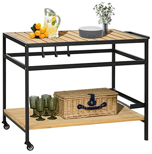 Outsunny Camarera con Ruedas de Madera Carro de Servicio con Encimera de Listones 2 Estantes 3 Ganchos y Asa para Jardín Terraza Patio 107x65x80 cm Natural