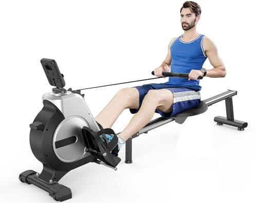 Neezee Rudergerät für zuhause, Super Silent Rudergerät mit 16-stufigem Magnetwiderstand, LCD-Display, Gleitschiene aus Aluminium, Vertikale Lagerung, Transporträder für Einfache Bewegung, Silber