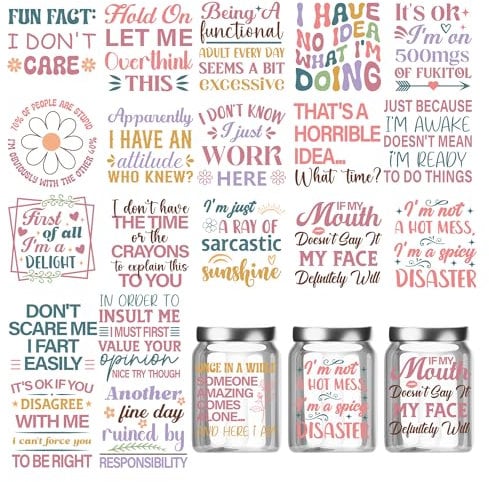 UV DTF Cup Wraps Stickers - 20 Sheet Funny Sarcastic Quotes UV DTF Transfer Stickers for Mugs Coffee Humor Cup Wraps for 16 Oz Glass Water Bottle Fun Sticker Decal DIY Gifts Crafts Office Use