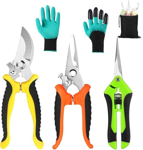 3-Pack Stainless Steel Pruning Shears, Pruning Snips and Clippers for Gardening,with Gardening Gloves