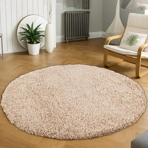 Wadan Wadan120cm Round Light Beige Shaggy Rugs Living Room |5mm Thick Pile | Extra Large Small Medium | Rectangular Size | Soft Touch | Living Room Area Rugs | Non Shedding