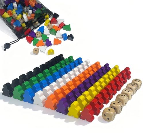 CHUANFU 80 Stück Spielfiguren für Brettspiele, mit 6 Würfel und Säckchen | Spielfiguren Set 24 x 20 x 10mm , Bunte Halmakegel Holz, für Flugschach, Dame, Brettspiele