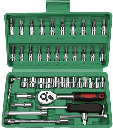 XxinXrong 46 Piece Socket Spanner Set 1/4 Inch Ratchet Box, Socket Spanner Bit Set, Multi-Tooth Set Bits Socket, with Quick Release & Reversible Ratchet for Repair Car Home (Green)