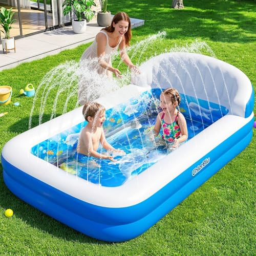 ChlorBlu Piscine Gonflable avec Arroseur, Piscine Gonflable Adultes Améliorée, Piscines pour Enfants pour Jardin, Piscine Gonflable Rectangulaire Adultes, Piscine Familiale Épaisse pour l'Extérieur