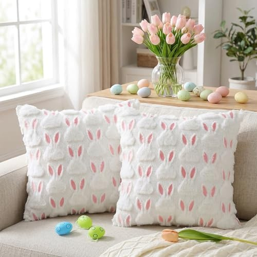 RUISOPE 2 Stück Kissen Ostern, Osterhasen Kissenhüllen Hasen BezüGe 3D PlüSchkaninchen Deko 45x45Kurz Wolle Samt Creme Sofa Zimmer Deko