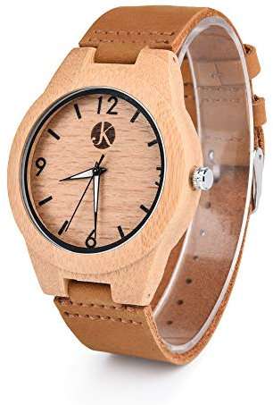 Kim Johanson Herren Bambus-Holz Armbanduhr *Classic Wood* in Braun mit Echtem Lederarmband Handgefertigt Quarz Analog Uhr inkl. Geschenkbox