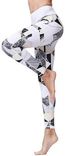 FLYILY Damen Yoga Leggins Frauen High Waist Prägedruck Slim Fit Fitnesshose Lange Sportleggins Stretchhose(4-Geometry,M)