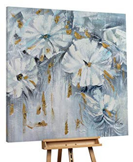 KunstLoft® XXL Gemälde 'Blühendes Gold' 150x150cm | original handgemalte Bilder | Blumen Linien Weiß Gold | Leinwand-Bild Ölgemälde einteilig groß | Modernes Kunst Ölbild