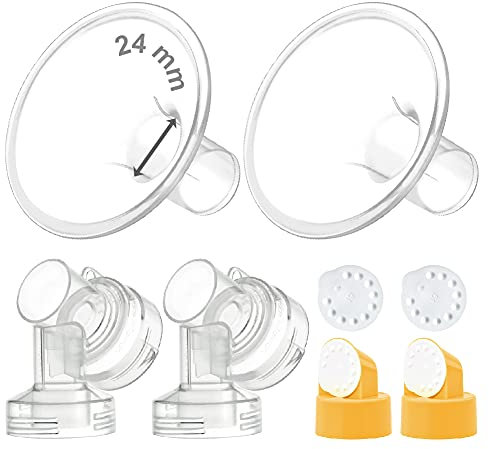 Maymom MyFit Flange Set, Two-Piece Breast Shield (24mm Medium) Connector Valve Membrane Compatible with Medela Breast Pumps (Pump in Style Advanced, Lactina, Symphony) Not Original Medela Pump Parts