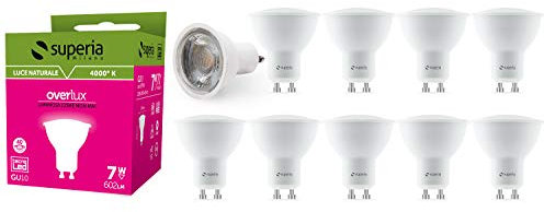 Superia Lampadina LED GU10 COB, 7W (Equivalenti 70W),Fascio Stretto 40° Luce Naturale 4000K RA80, Luminosa 600 lumen, Faretto incasso, Schermo opale, Nessuno Sfarfallio, CPT7N Pacco da 10