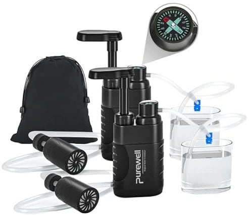Purewell Water Purifier Pump with Replaceable Carbon 0.01 Micron Water Filter, 4 Filter Stages, Portable Outdoor Emergency and Survival Gear - Camping, Hiking, Backpacking