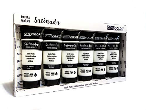 Pintura Acrílica para trabajo artístico y manualidades - PACK 6x75ml - Papel, Lienzo, Madera, Cerámica. Principiantes, Estudiantes y Artistas profesionales (BLANCO)