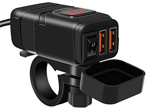 Motorcycle USB Charger, QC3.0 Quick Charge 12v USB socket, and 6-30V LED Voltmeter, Waterproof Motorbike Phone Charger for Motorbike/Car/Boat/Campervan/Caravan