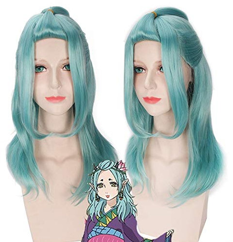 Hoozuki No Reitetsu Okou 60 cm lange lockige gewellte Cosplay Perücken für Anime Kostüm Party Hochwertiges Kunsthaar Hellgrün