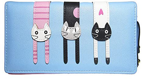 Spldsun Damen Karikatur Katzen Portemonnaie, Katze Dekoration Reißverschluss Geldbörse, Leder Kleine Geldbörse mit Reißverschluss, Geschenke für Mädchen (Blau)