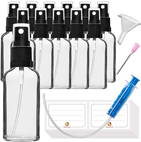 HandsUnity Sprühglasflasche 50ml-12Stk - Apotheke Klarglasflaschenset mit schwarzem Zerstäuber Glassprühflasche aus transparentem Glas inklusive 29 Zubehörteile