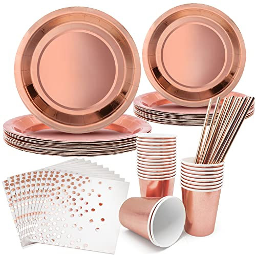 96 Stück Partygeschirr Set Rosegold 24 Gäste Pappgeschirr Set Wiederverwendbar Geburtstagsteller Servietten Pappbecher Strohhalme Partyzubehör für Geburtstag Hochzeit Jubiläum Weihnachten