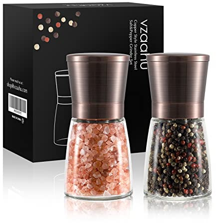 Vzaahu Salt and Pepper Copper Grinders, Set of 2 Refillable Bronze Brass, Seasalt Spice Peppermill with Magnetic Lids Adjustable Coarseness, Ceramic Core, Kitchen Gift