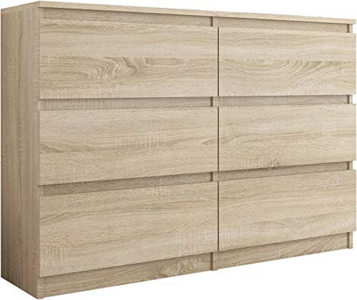 Framire R-140 Kommode in Sonoma Eiche, Kommode mit 6 Schubladen, Schrank für Schlafzimmer, Wohnzimmer, Bad, 140 x 76 x 31 cm